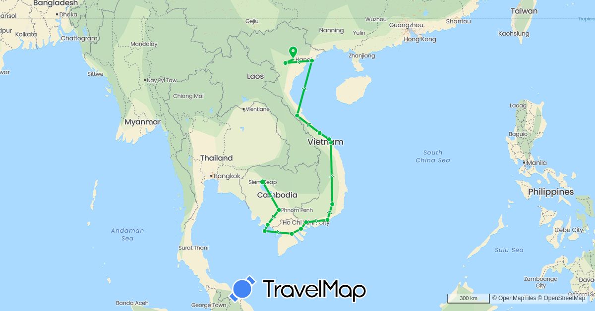 TravelMap itinerary: driving, bus in Cambodia, Vietnam (Asia)